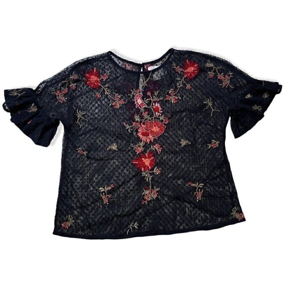 Maeve Anthropologie Sheer Short Sleeve Black Top Floral Embroidery Women’s XS - Picture 2 of 7